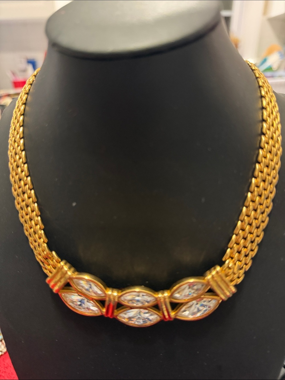 Vintage Signed Salo Gold Crystal Link Statement Necklace -  like new
